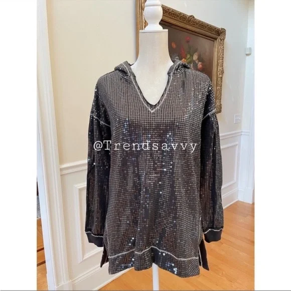 ANTHROPOLOGIE Sequined Hoodie Side Slit Sweater Tunic Pullover Top Black XS NWT - Picture 10 of 13